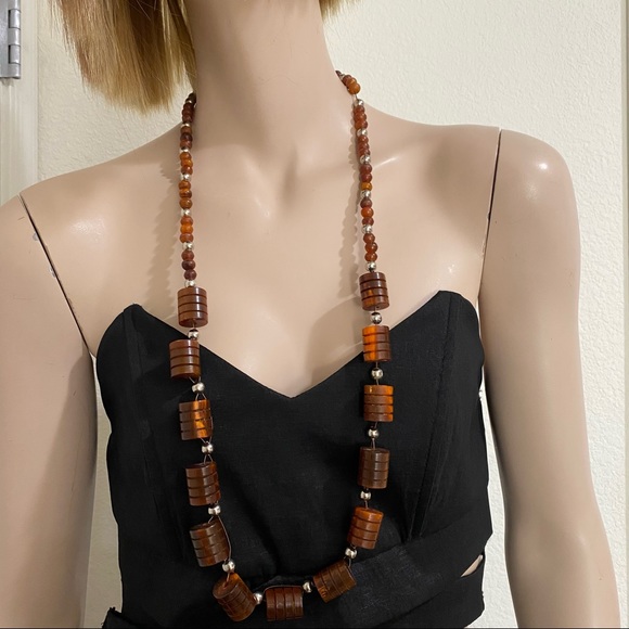 Vintage Cherry Amber Bakelite? Barrel Beaded 34” Long Necklace - Picture 4 of 12